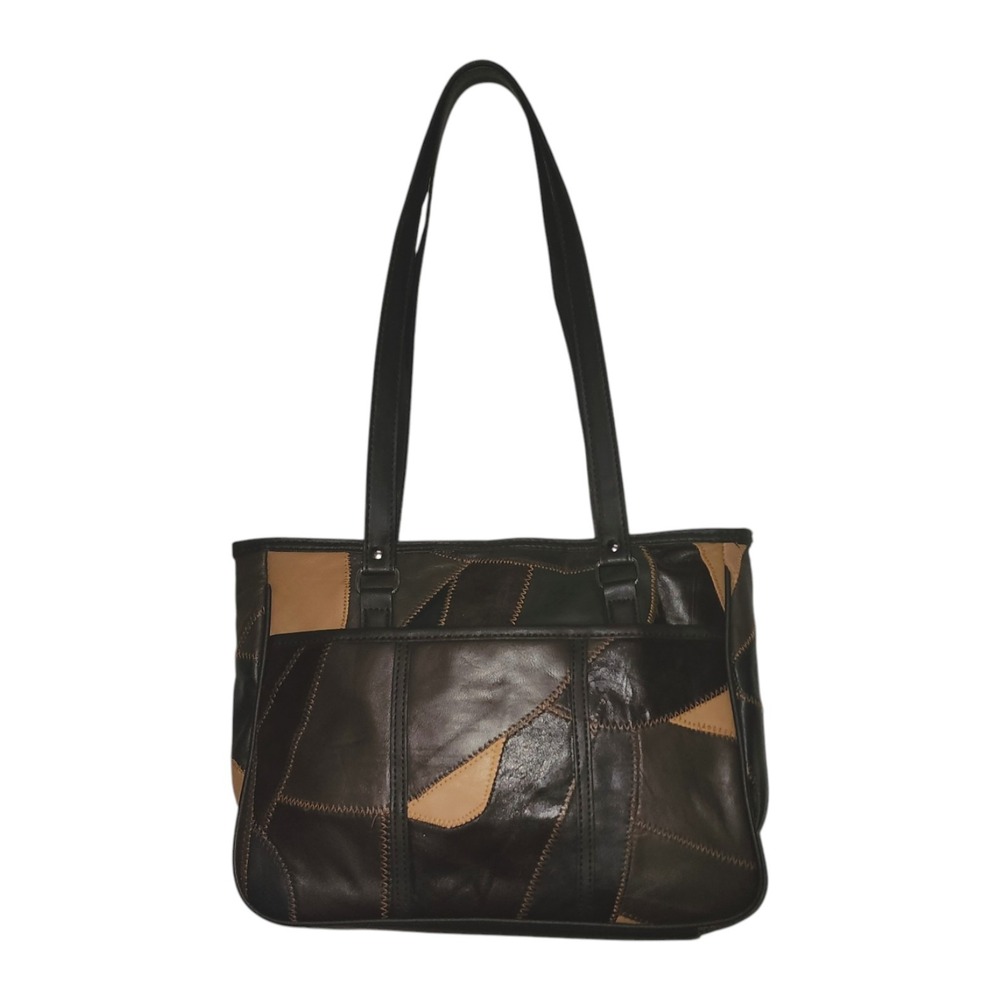 Vintage Y2K Leather Patchwork Purse Brown Tan Shoulder Bag Tote ZigZag Stitch